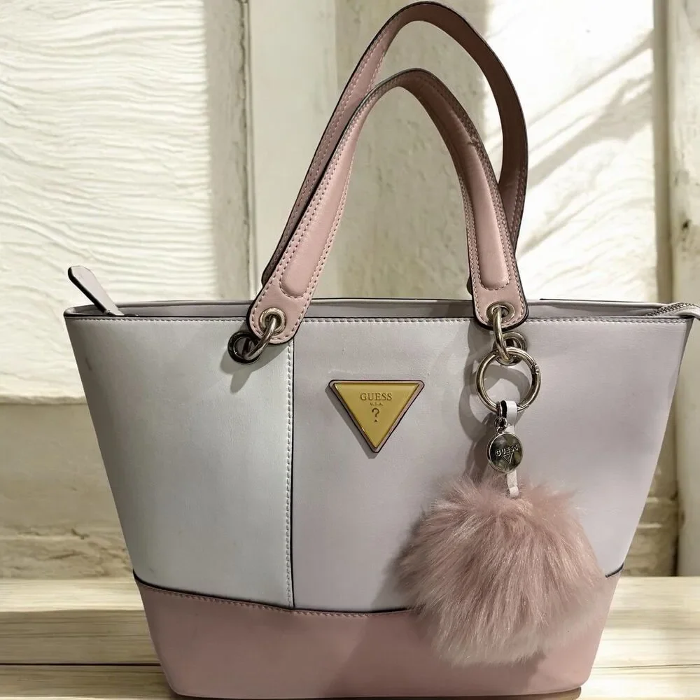 Guess Blush & Cream Colorblock Tote Bag Gold Logo Charm Pom Pom Large